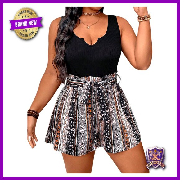 Pants - Plus Size Tribal Print Short Jumpsuit Sleeveless V Neck Romper with Belt